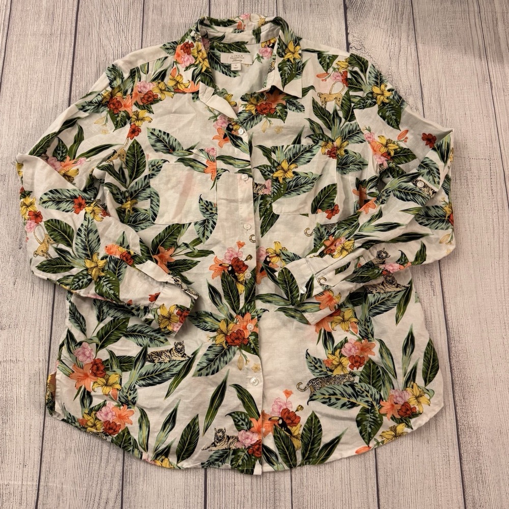 Linen Charter Club Luxury Women M Tropical Floral Animal Button Shirt Jungle